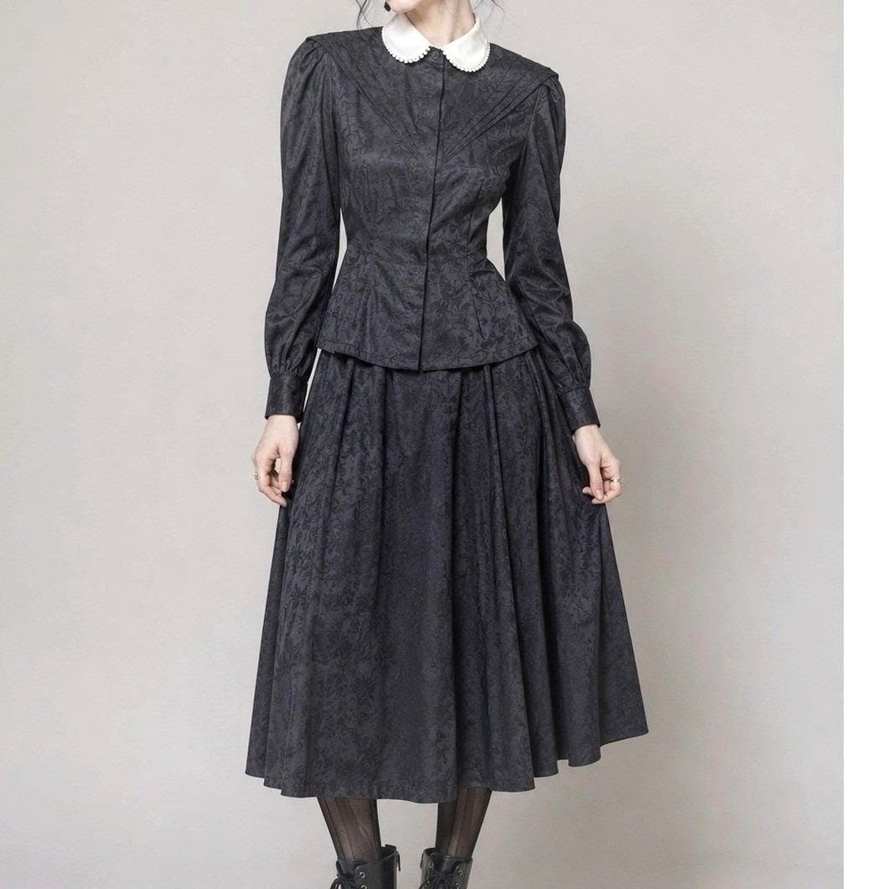 Richard Warren Skirt Set Women 10 Black Floral Jacquard Goth Poetcore 80s Vtg